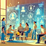 "Multi-person AI chatroom illustrating parents engaging in collaborative discussions about parenting challenges and solutions, showcasing diverse family dynamics and technology integration."