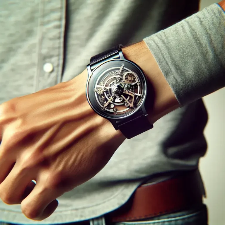 "Close-up of a cutting-edge kinetic energy harvesting smartwatch showcasing sleek design and innovative features that eliminate battery charging needs."