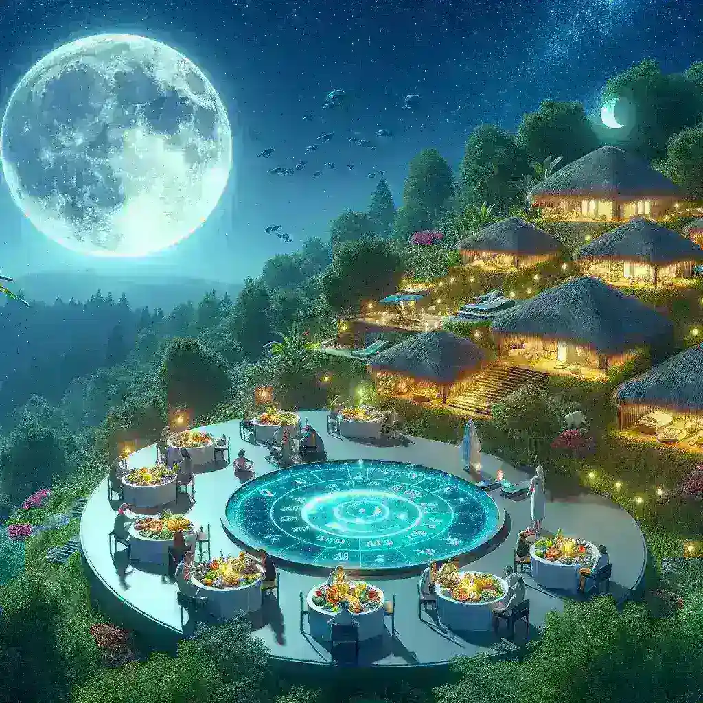 "Group of participants engaging in mindfulness activities at an astrology wellness retreat, utilizing AI technology to align their diets with lunar cycles for enhanced well-being."