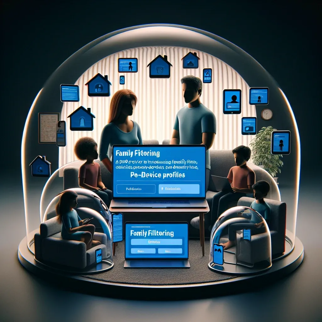"DNS providers showcasing family filtering features with per-device profiles for enhanced internet safety and customized parental controls in a digital environment."